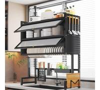 Égouttoir à vaisselle Grande capacité à 2 niveaux, multifonctionnel et robuste, à Poser Sur l'évier, Avec couvercle (Noir Double couche, 95c).