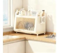 Égouttoir à vaisselle Grande capacité Avec couvercle et bac à Eau, égouttoir de Cuisine Anti-poussière, pour Plan de Travail (Blanc - Double couche, 42 cm / 16,5 po)