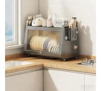 Égouttoir à vaisselle Grande capacité Avec couvercle et bac à Eau, égouttoir de Cuisine Anti-poussière, pour Plan de Travail (Gris - Double couche, 42 cm/16,5 po)