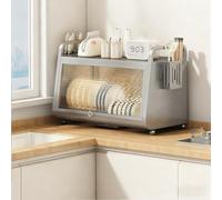 Égouttoir à vaisselle Grande capacité Avec couvercle et bac à Eau, égouttoir de Cuisine Anti-poussière, pour Plan de Travail (Gris - Double couche, 52 cm / 20,4 po)