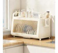 Égouttoir à vaisselle Grande capacité Avec couvercle et bac à Eau, égouttoir de Cuisine Anti-poussière, pour Plan de Travail (Blanc - Double couche, 52 cm / 20,4 po)