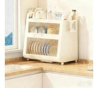 Égouttoir à vaisselle Grande capacité Avec couvercle et bac à Eau, égouttoir de Cuisine Anti-poussière, pour Plan de Travail (Blanc - Triple couche, 42 cm/16,5 po)