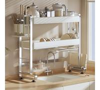 Égouttoir à vaisselle multifonctionnel en Acier inoxydable à Poser Sur l'évier - Réglage de la Hauteur Sur 3 niveaux, Grande capacité, bac à Eau Amovible et Accessoires inclus (d