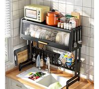 Égouttoir à vaisselle multifonctionnel rétractable pour évier, meuble de Rangement de comptoir Avec Porte, égouttoir à vaisselle à Poser au-Dessus de l'évier (Noir, 67 cm/26,4 po