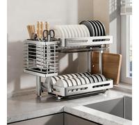 Égouttoir à vaisselle Pliable 2 en 1 - Fixation murale et Sur Plan de Travail Sans perçage, Acier inoxydable Avec bacs de récupération d'eau pour Petites Cuisines/appartements (D