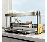 Égouttoir à vaisselle réglable en Hauteur en Acier inoxydable à Poser Sur l'évier - Grande capacité multizone, Support à Double colonne et Drainage Rapide pour le Rangement de la