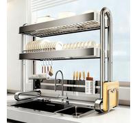 Égouttoir à vaisselle réglable en Hauteur, en Acier inoxydable, à Poser Sur l'évier - Grande capacité multizone, Support à Double colonne et Drainage Rapide pour le Rangement Dan
