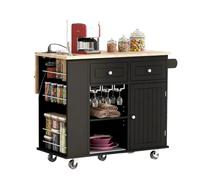 EGUIAS Carritos de Servicio Carrito móvil Carros de Cocina sobre Ruedas con Almacenamiento, Hoja abatible, Toma de Corriente, cajón, gabinete, mostrador, Tapa de Madera de Caucho(Black)