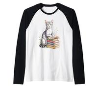Egyptian MAU Cat Bookworm Flowers Book Reading Books Camiseta Manga Raglan