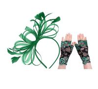 EHDWXVZM 1 Tocado de Plumas, 1 par de Guantes de Encaje, Tocado de Boda Verde, Sombrero de Boda para Mujer, Tocado de Mujer Verde, Tocado de Baile escénico