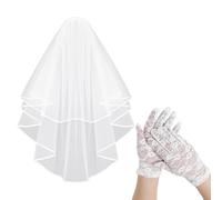 EHDWXVZM 1 velo blanco, 1 par de guantes de encaje blanco, velo de copete de doble capa, velo de novia, velo de cinta con bordes, velo de peineta, accesorios de boda