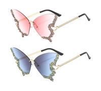 EHDWXVZM 2 pares de gafas de mariposa con diamantes de imitación, gafas de sol sin montura, gafas de sol para mujer, gafas de sol de moda, gafas de sol creativas, accesorios