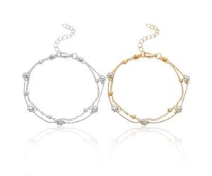 EHDWXVZM 2 tobilleras para mujer, tobilleras multicapa, adornadas con cristales, doradas y plateadas, de 25 cm de circunferencia