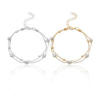 EHDWXVZM 2 tobilleras para mujer, tobilleras multicapa, tobilleras adornadas con cristales, tobilleras de playa, tobilleras doradas para mujer