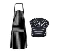 EHDWXVZM Juego de Cocina: Delantal a Rayas Blancas y Negras, Gorro de Chef, Mono Impermeable y Resistente al Aceite Con Bolsillos - Adecuado para Cocina y Cafetería