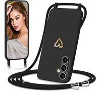Eherui handyband für Samsung Galaxy A35 5G Hülle mit Band,Design Gold Herz,Dünn Stoßfeste SchutzHülle,mit Abnehmbar Kordel zum Umhängen Liquid Silikon Case Handyhülle für Samsung A35,Schwarz