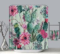 EHOMERY Cortina Baño Divertida Cortina Ducha Nordica Flor De Cactus Cortinas De Baño Interior Cortina Ducha Doble Polyester Verde Rojo Ojales De Acero Inoxidable Y 12 Ganchos, 160X180Cm