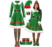 EHOTER Disfraz de elfo de Navidad para mujer, disfraz de ayudante de Papá Noel, vestido de franela de manga larga, conjunto de cosplay, vestido de Navidad, fiesta de vacaciones, traje de terciopelo,