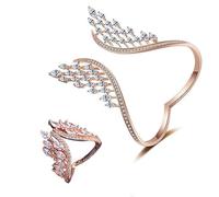 EHOTER Juego de pulsera y anillo de diamantes con alas de ángel brillantes y plumas de ala de ángel ajustable, anillo de alas delicadas, pulsera de plumas, juego de anillos de joyería bohemia para