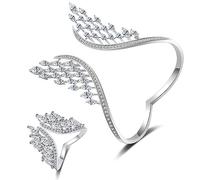 EHOTER Juego de pulsera y anillo de diamantes con alas de ángel brillantes y plumas de ala de ángel ajustable, anillo de alas delicadas, pulsera de plumas, juego de anillos de joyería bohemia para