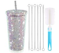 EHOTER Vaso de diamantes brillantes tachonados con purpurina, botella de agua con tapa, de acero inoxidable al vacío, vaso térmico con popote de diamantes de imitación con 1 cepillo para taza, 6