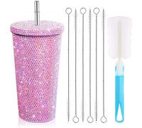 EHOTER Vaso de diamantes brillantes tachonados con purpurina, botella de agua con tapa, de acero inoxidable al vacío, vaso térmico con popote de diamantes de imitación con 1 cepillo para taza, 6