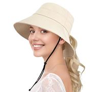 ehsbuy Gorro Pescador Mujer Algodón Plegable Gorra de Sol de Cola de Caballo Sombrero Playa Verano con Correa de Barbilla Ajustable para Viajes de Caza y Pesca Al Aire Libre