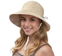 ehsbuy Sombreros para mujer, protección UV, ala ancha, plegable, impermeable, con correa de barbilla ajustable, para playa, al aire libre, pesca, safari, viajes, caqui, Talla única