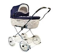 EICHHORN Kinderwagen Cochecito con cesta de mimbre auténtica, tejido a mano, estructura de metal con muelles suaves (cromado), Mimbre blanco, tela azul, elegantes ruedas de radios blancos