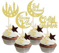 Eid Mubarak - 24 adornos para tartas con purpurina Happy Eid Luna y Estrella Cupcake Toppers Star Ramadán Islámico Musulmán Decoración para Fiestas Pasteles Decoraciones Oro