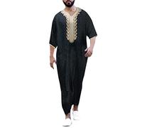 Eid Mubarak - Bata casual con estampado a rayas para hombre, cuello en V, manga media, dividida, Ramadán, Negro, M