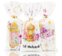 Eid Mubarak Bolsas de regalo 50 unidades, bolsas de celofán Ramadán con corbatas, farolillos de flores rosas, bolsas de galletas de media luna, bolsas de dulces para Eid Mubarak, musulmana islámica,