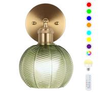 EIDEARAY Aplique de pared que funciona con pilas, aplique de pared vintage con pantalla de cristal de tulipán verde oscuro, recargable, lámpara de pared con batería con control remoto, apliques de