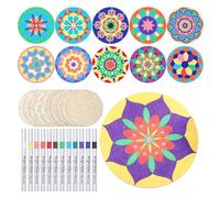 Eieenotee Juego de 22 Piezas de Pintura de Mandalas de Madera, 10 Recortes de Madera Sin Terminar de Mandalas con 12 Marcadores para Manualidades, Rodajas de Madera de Mandalas