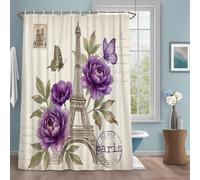 Eiffel Tow - Cortinas de ducha con ganchos, 36 pulgadas de ancho x 72 pulgadas de largo, diseño de mariposas color beige, repelente al agua, lavable a máquina, cortinas de ducha de París para baño