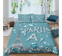 Eiffel Tower Funda Edredon Microfibra Juego de Ropa de Cama de 3 Piezas Impresión 3D Cierre de Eiffel Tower diseño Funda de Edredón Funda de Almohada a Juego Lavables Suave for niña （135x200cm）