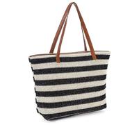 Eighosee Bolso Grande de Paja Bolso Tote de Playa Bolso Tote Suave con Cremallera Bolso de Playa con Bandolera Tejida una Rayas Negro