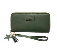 Eighosee Cartera larga de color sólido para mujer, con borlas, con cremallera, monedero para teléfono móvil, color verde, Green, Talla única