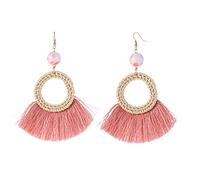 Eighosee Crafted Pendientes Redondos De Abalorios De Paja Con Forma De Abanico Pendientes De De Mimbre Tejidos Para Mujer, Rosa