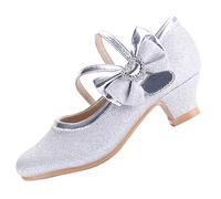 EIGHT KM Zapatos de Tacón Alto para Niñas Mary Jane Princesa Fiesta Boda Bombas EKM7035 Brillo Centelleante Corazón Diamante Lazo Plata Talla EU 32