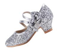 EIGHT KM Zapatos de Tacón Alto para Niñas Mary Jane Princesa Fiesta Boda Bombas EKM7035 Brillo Chispeante con Cristales Lazo Metálico Plateado Talla de la UE 37