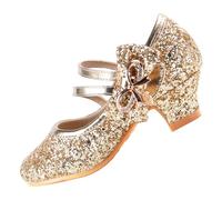 EIGHT KM Zapatos de Tacón Alto para Niñas Mary Jane Princesa Fiesta Boda Bombas EKM7035 Brillo Chispeante de Cristal Lazo Metálico Oro Talla de la UE 31