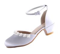 EIGHT KM Zapatos de Tacón Alto para Niñas Zapatos de Vestir de Boda con Tacones Altos Zapatos de Princesa EKM7033 Seda Suave y Brillante con Perlas Color Plata Talla EU 37