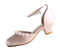 EIGHT KM Zapatos de Tacón Alto para Niñas Zapatos de Vestir de Boda con Tacones Altos Zapatos de Princesa EKM7033 Seda Suave y Brillante con Perlas Color Oro Talla EU 26