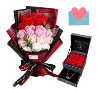 EIGHTOWN Ramo de Rosas Artificiales Falsas, Flores Rojas preservadas con Collar de Amor día de San Valentín, día de la Madre, Acción de Gracias, cumpleaños,