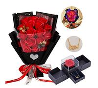 EIGHTOWN Ramo de Rosas Artificiales, Flores Rojas preservadas con Collar de Amor día de San Valentín, día de la Madre, Acción de Gracias, cumpleaños, Aniversario