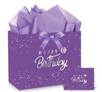 EIGHTSTATES Juego de bolsas de regalo de cumpleaños moradas para mujeres y niñas, bolsas grandes de cumpleaños de 13 pulgadas con asas, papel de regalo, tarjeta y sobre, recuerdos de fiesta de primera