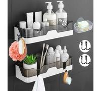 EigPluy 2 Piezas Estante de baño,Adhesivo Estanteria Ducha sin Taladros Almacenamiento Organizador, Montado en la Pared Baño Cesta por Baño/Cocina (con 1 Jaboneras y 4 Ganchos)