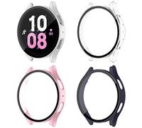EIHAIHIS 4-Pack Estuche para Samsung Galaxy Watch 5 40mm, PC Dura Funda con Protector de Pantalla de Vidrio Templado, HD Anti-Rasguños Protección Completa Case, Plata/Transparente/Oro Rosa/Azul Oscuro