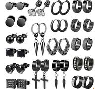 EIHI 18 Pares Negro Pendientes Hombre,Pendientes aro Hombre, Cruz Set,Ronda de Circonitas Punk Pendientes,Regalos para Hombre